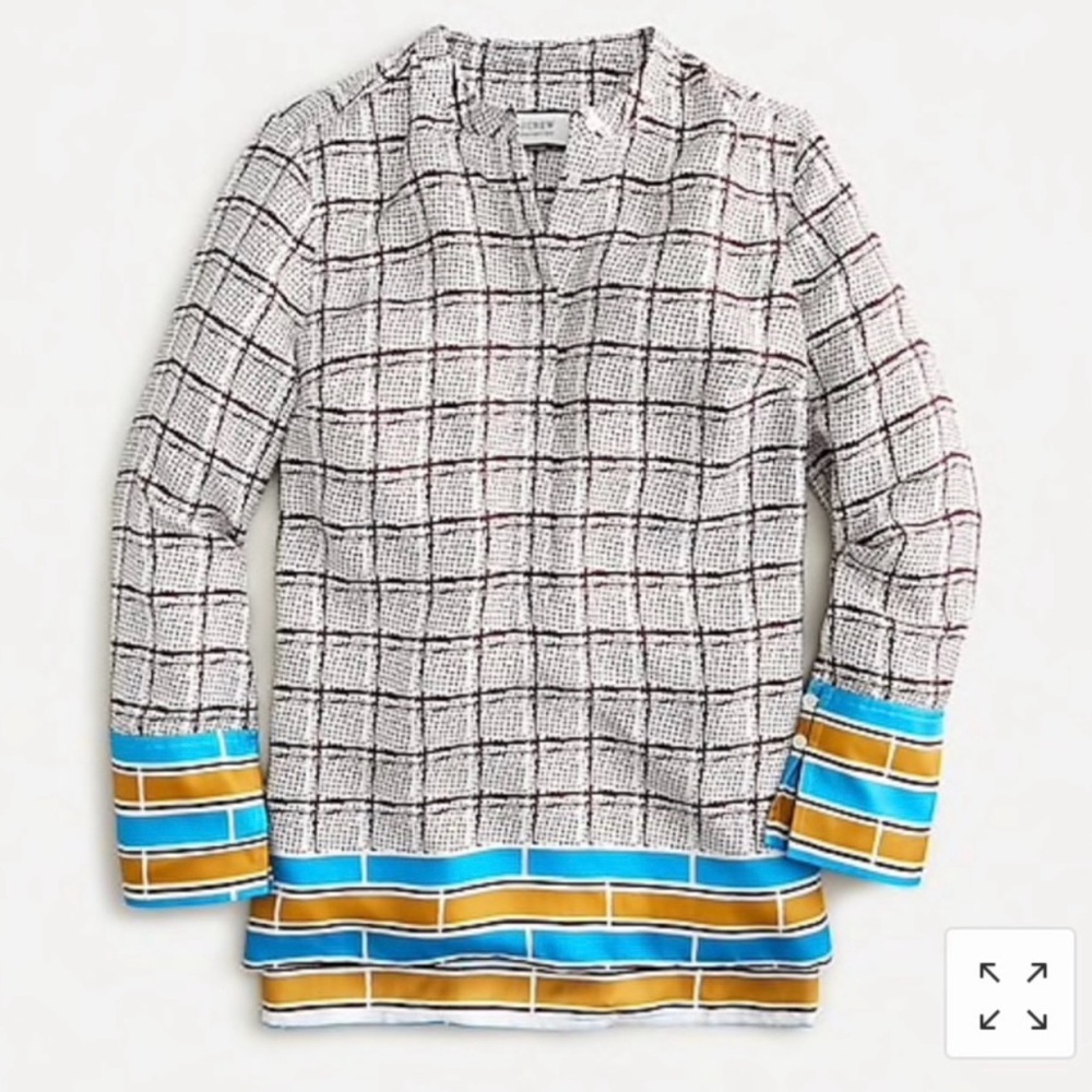 NWT J.Crew 100% Silk Tunic in a Window Pane pattern with teal&mustard border